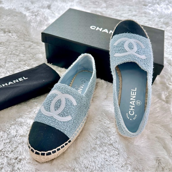 CHANEL Fabric Grosgrain Espadrilles Blue Light Grey Black in size 37 - Picture 2 of 5